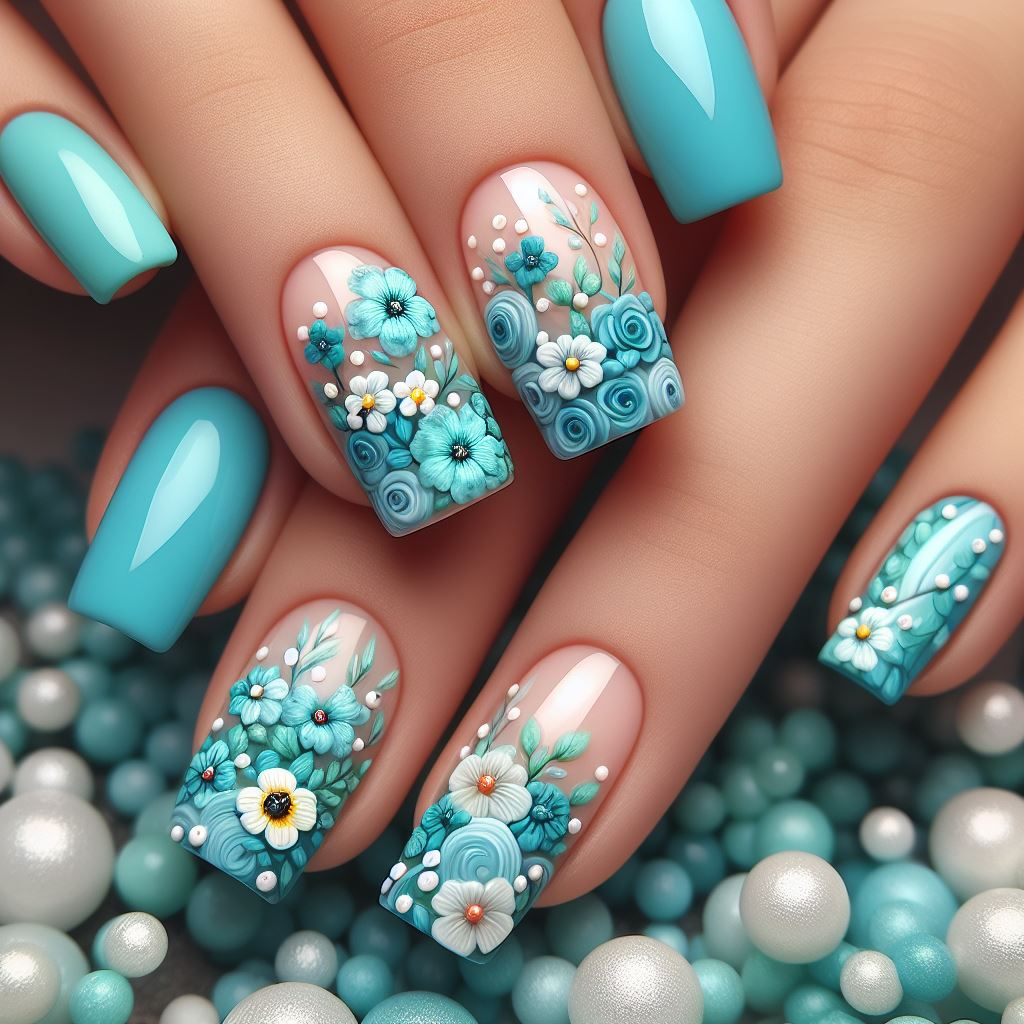 Channel your inner mermaid with delicate aqua blue flowers and vines adorning your nails. Perfect for a touch of whimsy!