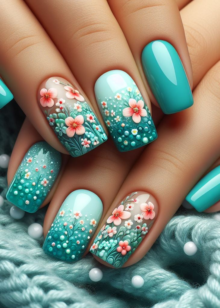 Ditch the basic mani! Make a statement with stunning aqua blue blooms and vines that intertwine on your nails for a captivating, nature-inspired look.