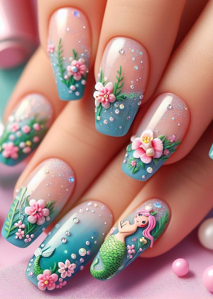 Ocean treasures on your fingertips! Tiny seashell accents complement the mermaid-themed flowers and vines on these captivating nails. ✨