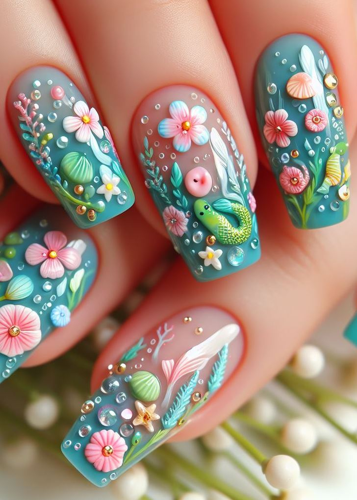 Get ready to mesmerize! These mermaid-themed nails feature tiny blooms and swirling vines in a magical underwater palette.