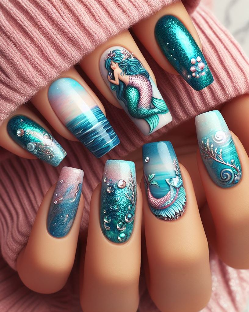 Short on nails, big on mermaid vibes? This delicate floral and vine design in ocean tones is perfect for shorter nails.