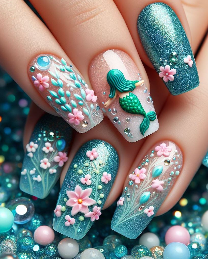 Pearls and mermaid dreams! Tiny pearl accents add a touch of elegance to these delicate floral and vine nails.