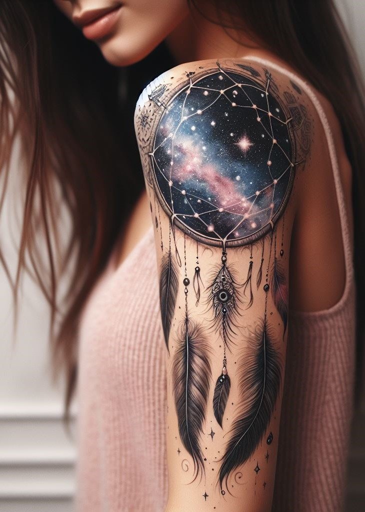 Dream Catcher Magic✨ Capture the beauty of dreams and ward off negativity with a stunning dream catcher tattoo. Explore vibrant colors, intricate details, and personalize it for a one-of-a-kind masterpiece!