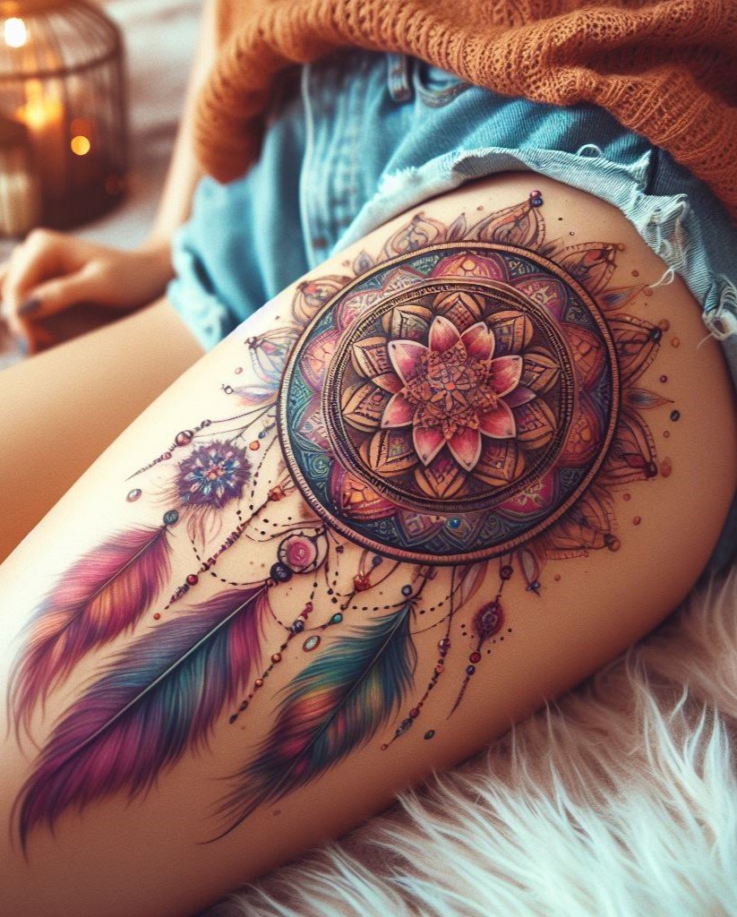 Dream Catcher & Mandala Embrace a bold statement with vibrant designs incorporated into your dream catcher tattoo! Perfect for those who love to stand out!