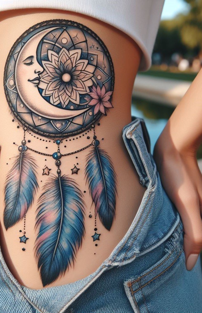 Dream Catcher & Moon Magic: Embracing the Night Channel the calming energy of the moon with a lunar dream catcher tattoo. Perfect for those seeking peace, intuition, and a touch of mystery!