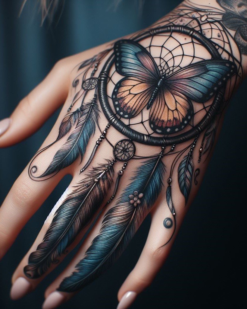 Dream Catchers Take Flight with Butterflies Embrace the beauty and symbolism of transformation! Combine a dream catcher tattoo with delicate butterflies for a design that captures the essence of dreams and positive change.