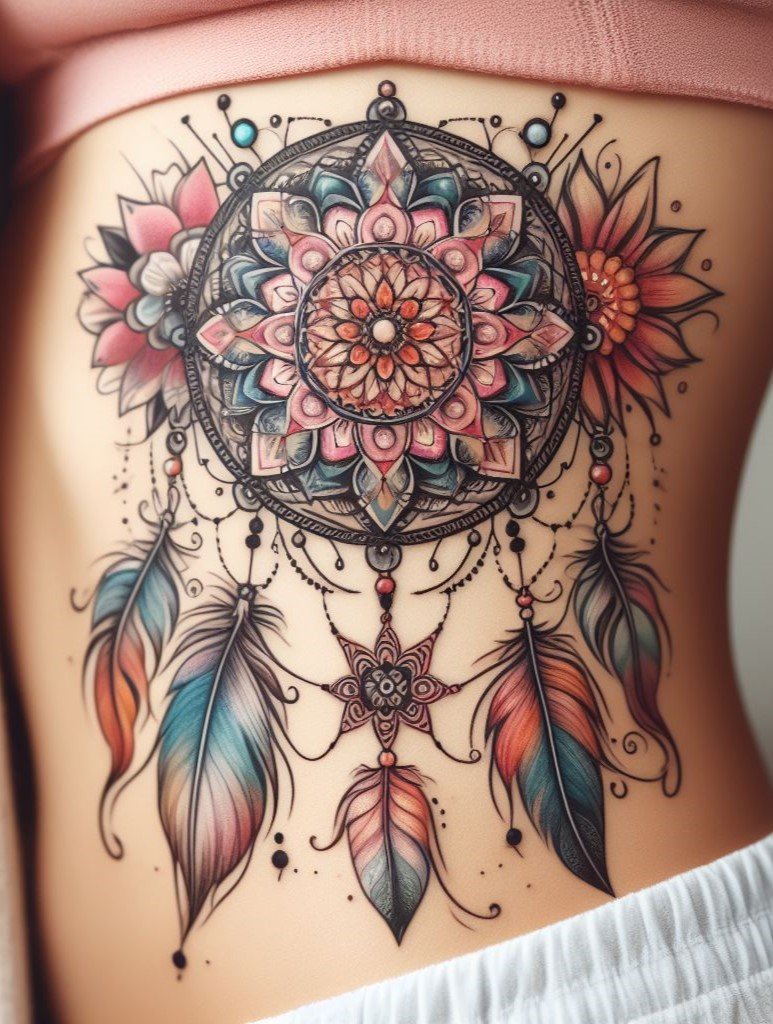 Dream Catcher & Mandala Fusion: A Tapestry of Protection ✨ Weave a powerful mandala into the center of your dream catcher tattoo for a mesmerizing design. This fusion symbolizes protection, inner peace, and the interconnectedness of your dreams and aspirations!