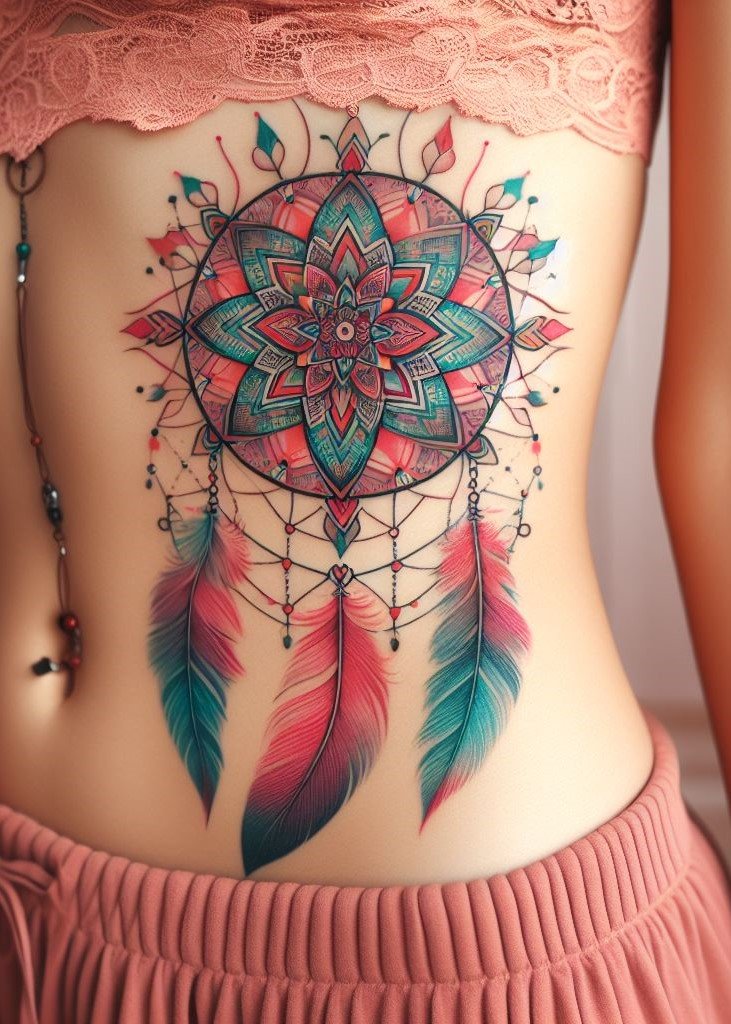 Watercolor Mandala Dream Catcher: A Dreamy Oasis Create a calming and whimsical aesthetic with a watercolor mandala dream catcher tattoo. Soft hues and intricate patterns create a peaceful dreamscape, offering protection and a refuge for your mind!