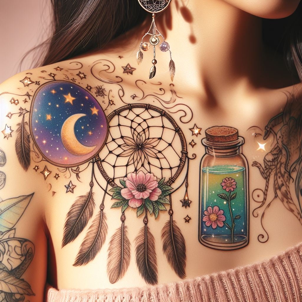 Bohemian Dream Catcher Vibes Embrace a carefree spirit with a dream catcher tattoo adorned with delicate flowers. Perfect for those seeking beauty and a touch of femininity!