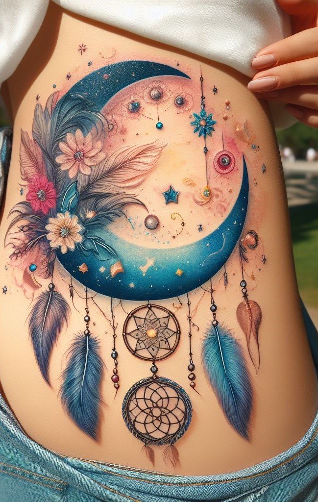 Dream Catcher & Floral Flourishes Delicate flowers woven into your dream catcher tattoo add a touch of femininity and symbolize growth or new beginnings.