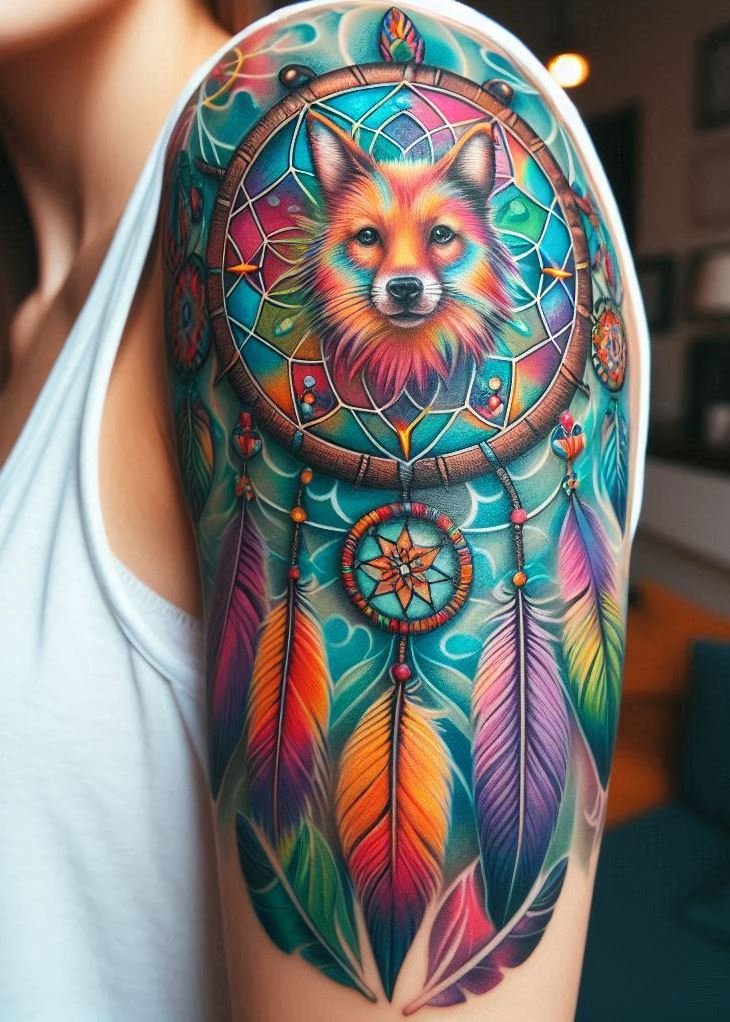 Guardian of Tranquility: Fox Dreamcatcher Tattoo: Embrace the magic of the forest with a fox-inspired dreamcatcher tattoo. The dreamcatcher features a central design of a cunning fox, while delicate leaves and flowers woven into the hoop represent the fox's connection to nature and the filtering of peaceful dreams.