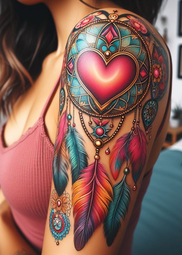 Love's Embrace: Dreamcatcher with a Heart and Delicate Flowers: Capture the essence of love and peaceful dreams with a beautiful dreamcatcher design. Intricate webbing surrounds a central heart shape, while soft flowers are woven into the design. This tattoo symbolizes the dreamcatcher filtering dreams filled with love, compassion, and the nurturing energy of the heart.