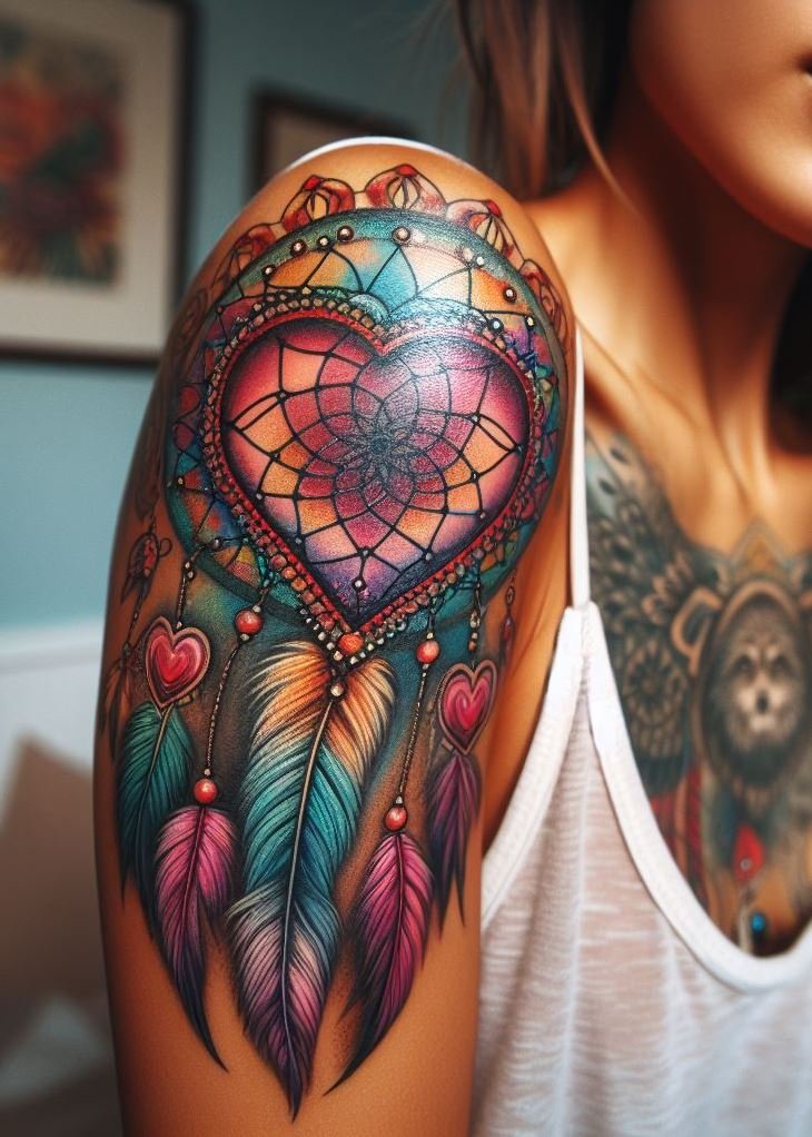 Guiding Your Passion: Dreamcatcher with a Flaming Heart and Arrows: Express your passionate spirit and dream protection with a vibrant dreamcatcher tattoo. The dreamcatcher features a central design of a flaming heart, while feathers and arrows are woven into the design. This tattoo symbolizes the dreamcatcher filtering dreams fueled by your passions, guiding your desires with clarity and purpose.