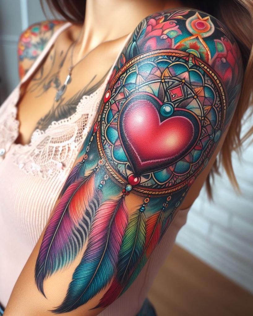 Strength in Vulnerability: Dreamcatcher with a Mending Heart and Thread: Capture the resilience of the human spirit with a meaningful dreamcatcher tattoo. The dreamcatcher features a central design of a cracked heart slowly being mended with gold thread. Feathers are woven into the design, symbolizing the dreamcatcher filtering dreams of healing and the strength found in vulnerability.