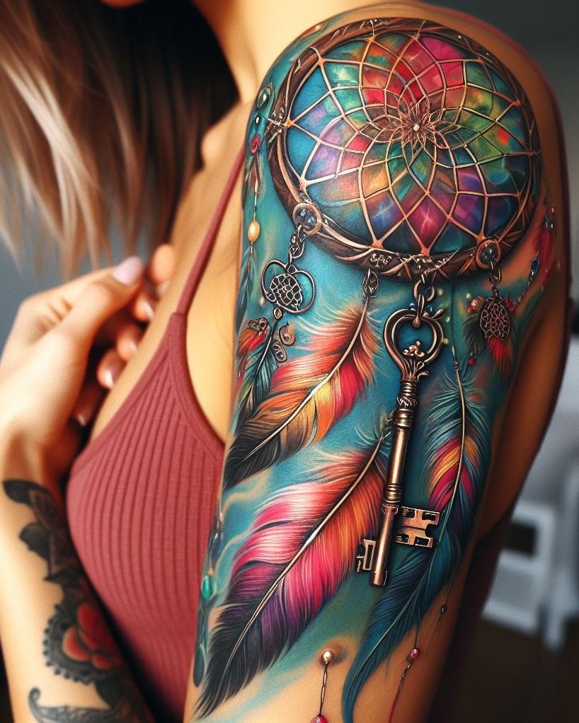 Unlocking Dreams: Dreamcatcher with a Glowing Key: Embrace the potential hidden within your dreams with a captivating dreamcatcher tattoo. Intricate webbing surrounds a central key radiating a soft glow. Feathers are woven into the design, symbolizing the dreamcatcher filtering your dreams and unlocking hidden meanings, desires, and pathways to personal growth.