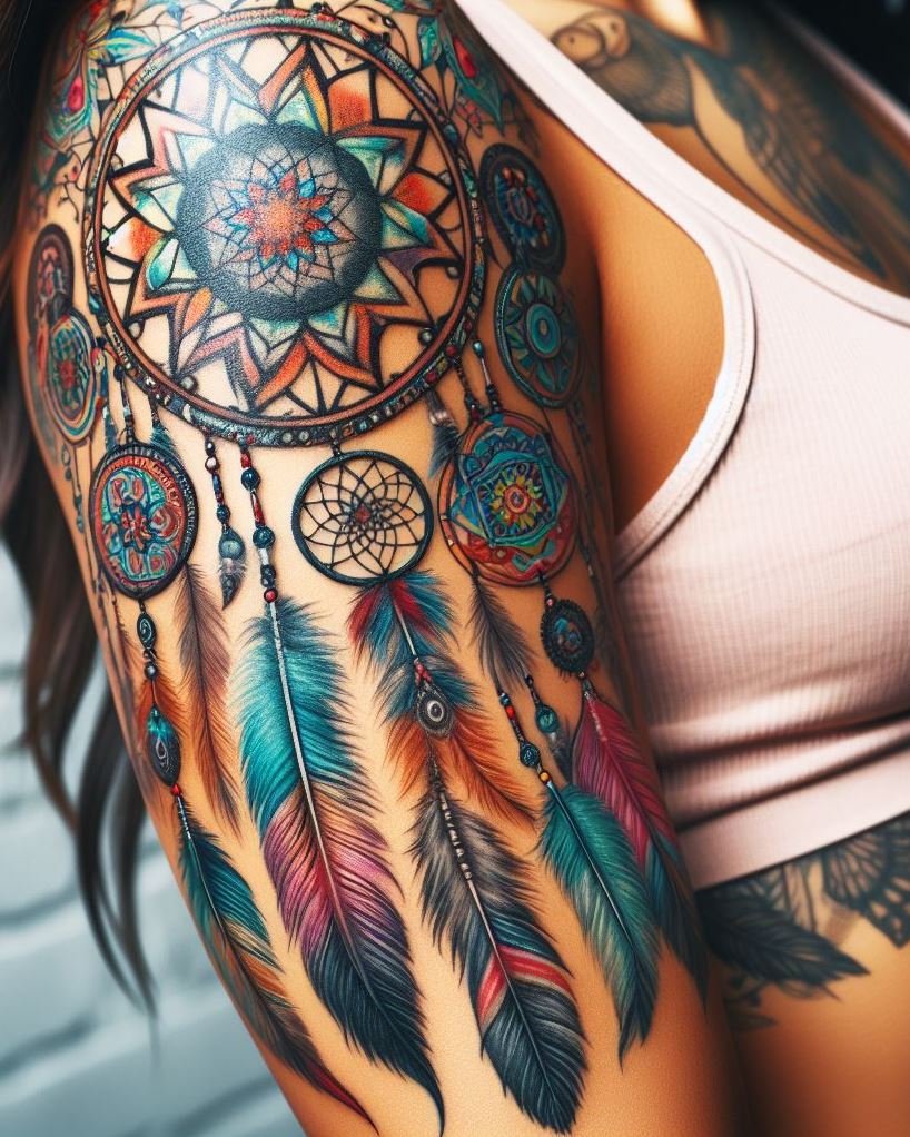 Ancient Protection: Tribal Dreamcatcher with Bold Lines and Geometric Patterns: Embrace the power of tradition with a tribal-style dreamcatcher tattoo. Bold black lines create a striking design, featuring geometric shapes and intricate webbing within the hoop. Feathers with sharp angles are woven into the design, representing an ancient symbol of dream filtering and spiritual protection.