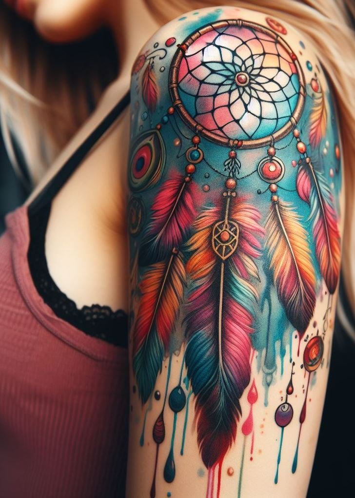 Watercolor Dreamcatcher with Lush Greens and Earthy Tones: Embrace the magic of the forest with a dreamcatcher tattoo in a soft watercolor style. Delicate vines and leaves are painted within the dreamcatcher in shades of green and brown, symbolizing the grounding energy of nature and the filtering of peaceful dreams from the depths of the woods.