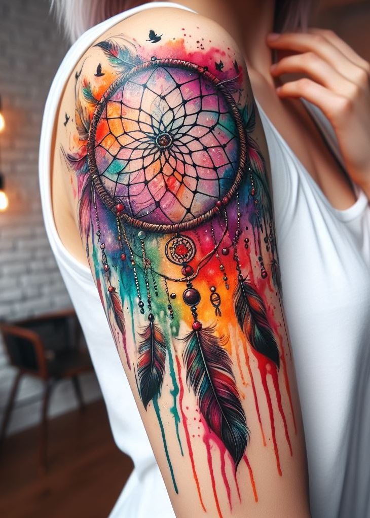 Watercolor Dreamcatcher with Swirling Galaxies: Embrace the vastness of the universe with a mesmerizing watercolor dreamcatcher tattoo. The dreamcatcher features a central design painted in swirling pinks and blues, resembling a distant galaxy. Feathers in vibrant hues are woven into the design, representing the connection between your dreams and the cosmos, hinting at the mysteries yet to be unraveled.