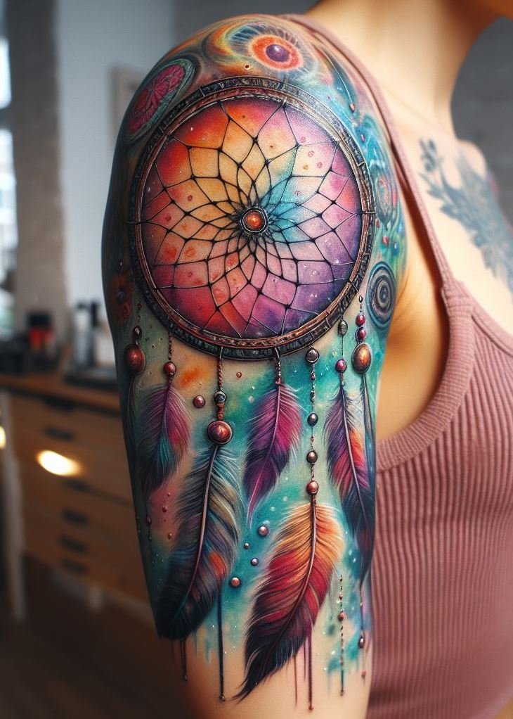 Watercolor Dreamcatcher with Earthy Browns and Turquoise Accents: Capture the mystical beauty of the desert with a dreamcatcher tattoo in a captivating watercolor style. The dreamcatcher features a central design painted in shades of brown and orange, resembling a desert landscape. Delicate feathers and turquoise beads are woven into the design, representing the resilience and wisdom found in the desert, fostering focus and clarity within your dreamscape.