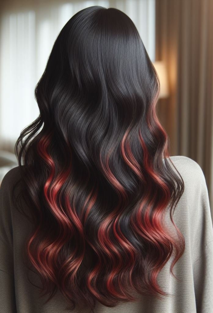Spice Up Your Waves: Vibrant red highlights add a touch of fire to your thick, healthy hair.