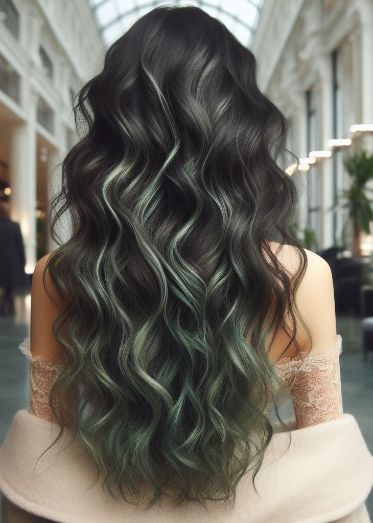 Mermaid Hair Gets a Green Glow: Bold Highlights & Wavy Texture. Unleash your inner mermaid with thick, wavy hair and mesmerizing green highlights.