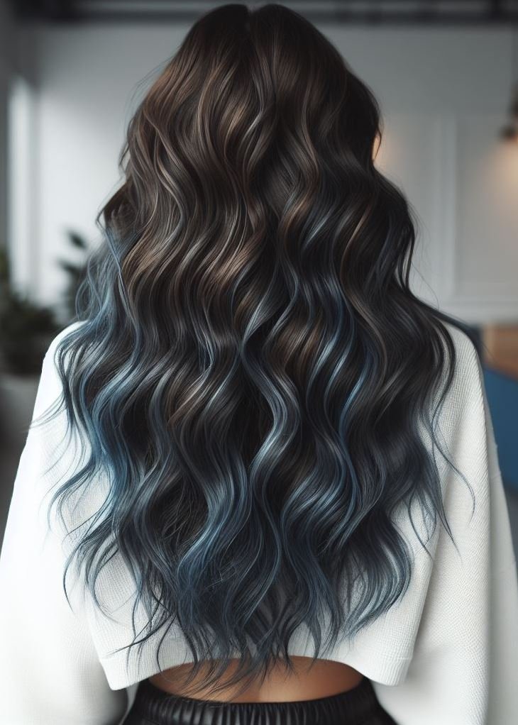 Ocean Breeze Hair Goals. Blue highlights dance through thick, wavy hair for a beachy, mermaid vibe.