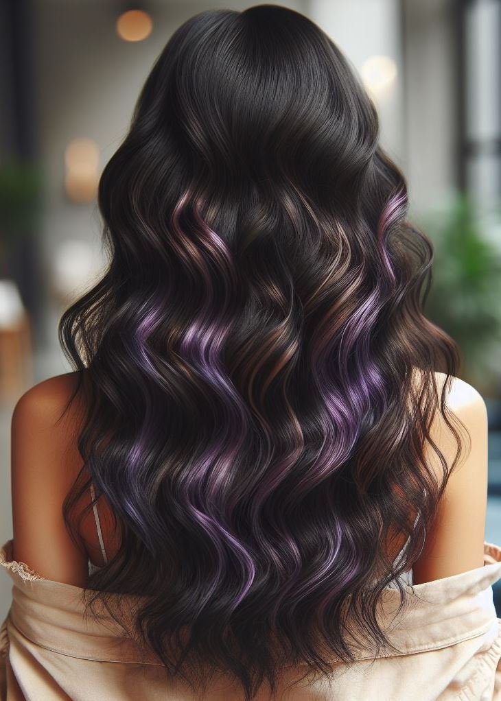 Subtle & Stunning: Violet Accents for Wavy Hair. ✨ Delicate violet highlights add a touch of whimsy to thick, healthy waves.