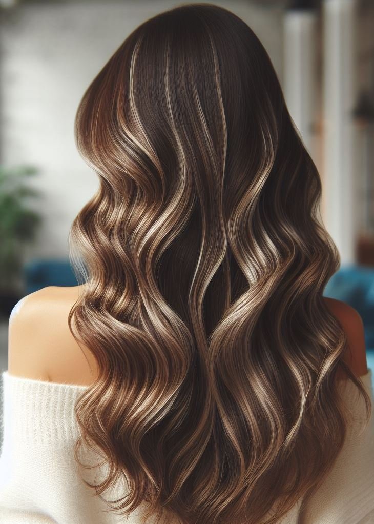 California Dreamin': Sun-kissed blonde highlights dance through thick, wavy hair for a beachy vibe.