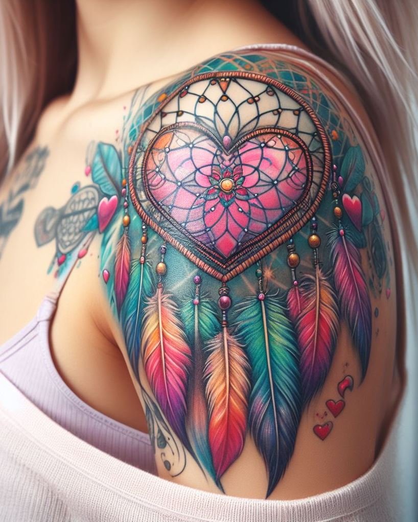 Where passion meets protection, find a heart-shaped dream catcher tattoo. It’s not just an arm tattoo; it’s a love charm for the modern warrior woman.
