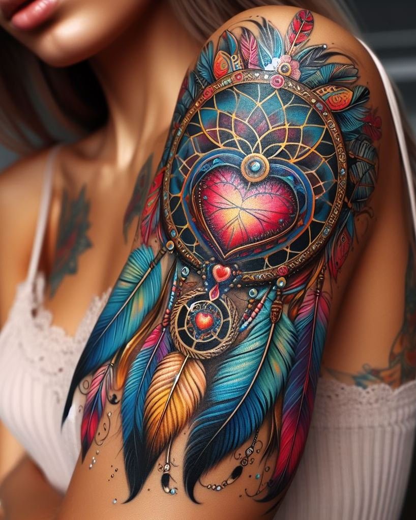 A heart-shaped dream catcher tattoo is a canvas of emotions, elegantly entwined on your arm, catching dreams and weaving tales of love and bravery.