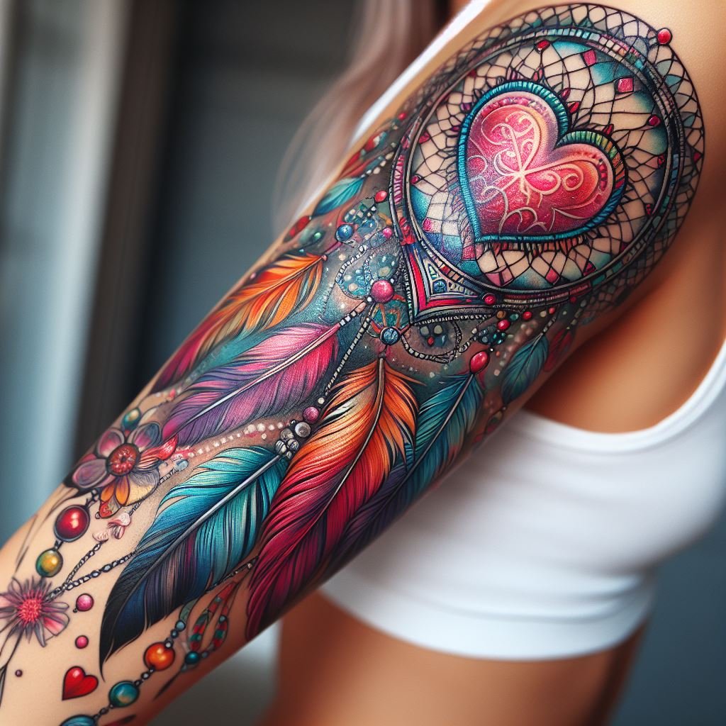 Let your arm be the bearer of a heart-shaped dream catcher, a tattoo that’s a whispered promise to filter through life’s chaos and hold onto love.