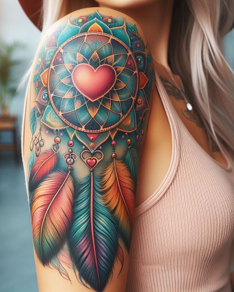 The heart-shaped dream catcher tattoo is a testament to love’s enduring spirit, a protective emblem that graces your arm and guards your deepest dreams.