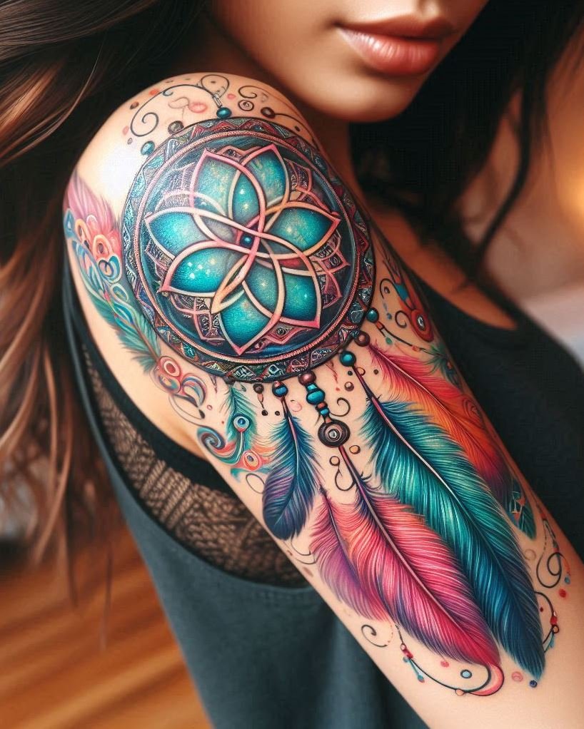 Let your spirit roam free with an arm tattoo that’s a tribute to tribal lore. A dream catcher design that captures not just dreams, but the bold essence of femininity.