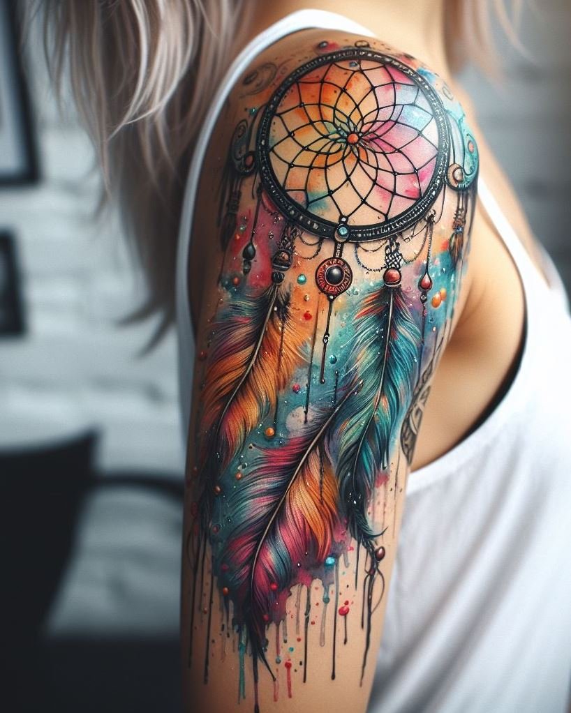 Catch your dreams and wear them on your sleeve with this vibrant watercolor dream catcher tattoo. It’s not just a splash of color; it’s a splash of your aspirations!