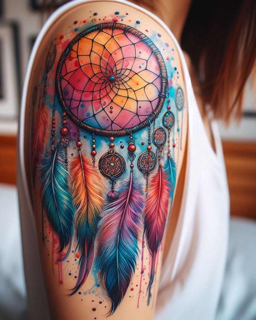 Let your arm be the canvas for the dreams you dare to chase. This watercolor dream catcher tattoo is a masterpiece of hope and hues.