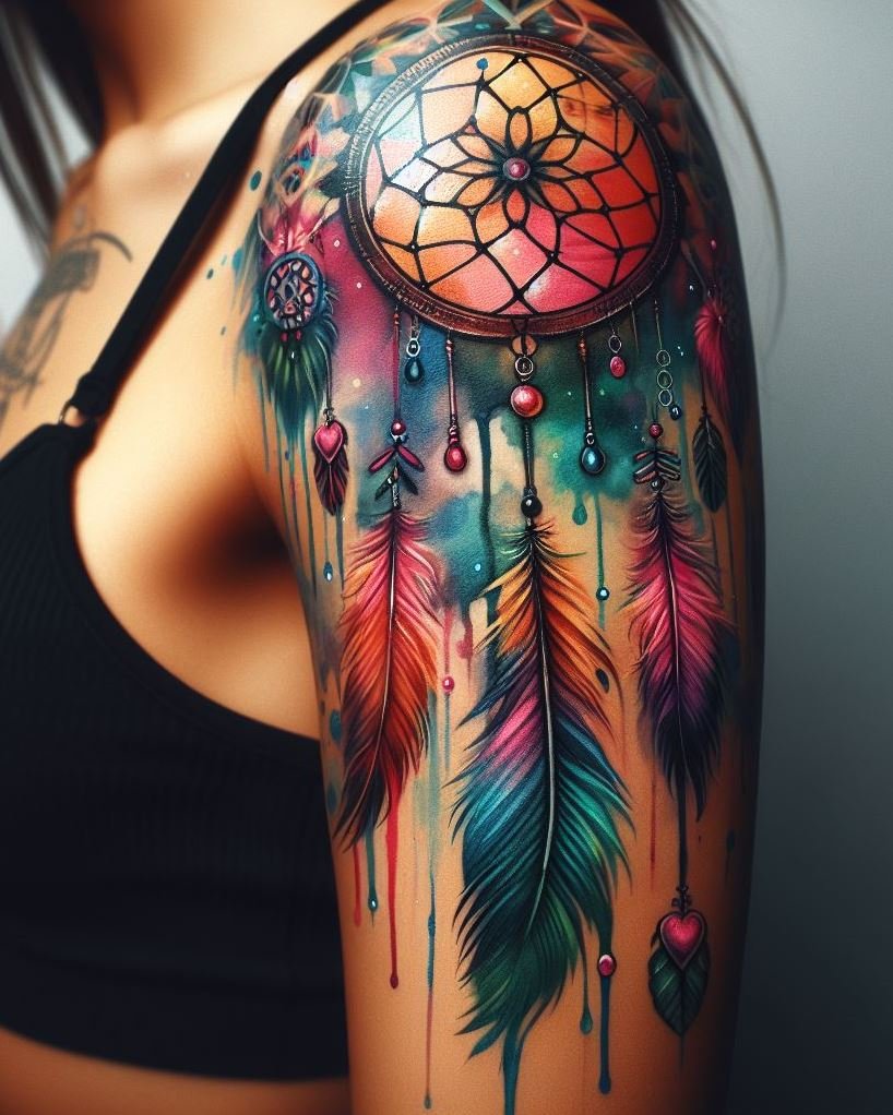 Dream boldly in technicolor with a watercolor dream catcher tattoo that’s as dreamy as your biggest ambitions. It’s the perfect blend of art and dreams!