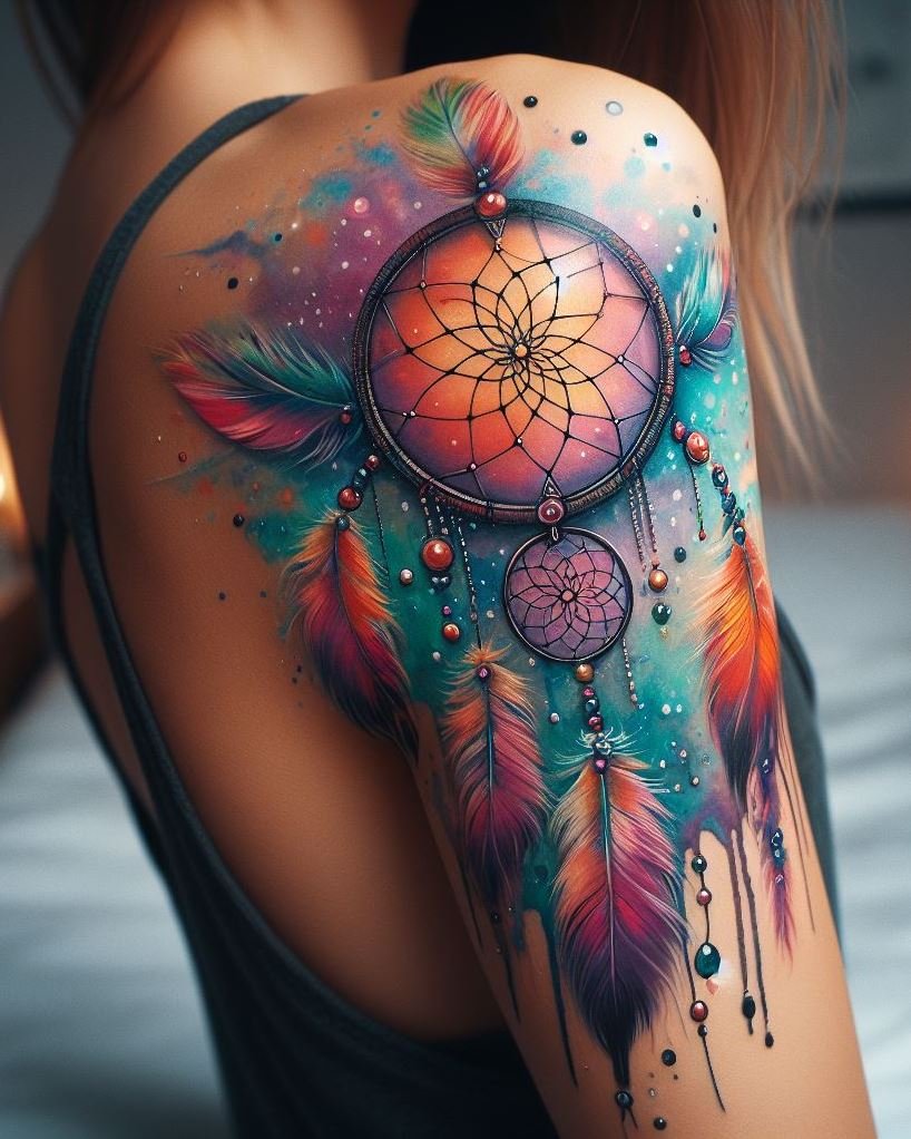 A watercolor dream catcher tattoo is a whisper of your innermost dreams, painted in the colors of your spirit. Let it be your arm’s most enchanting ornament.