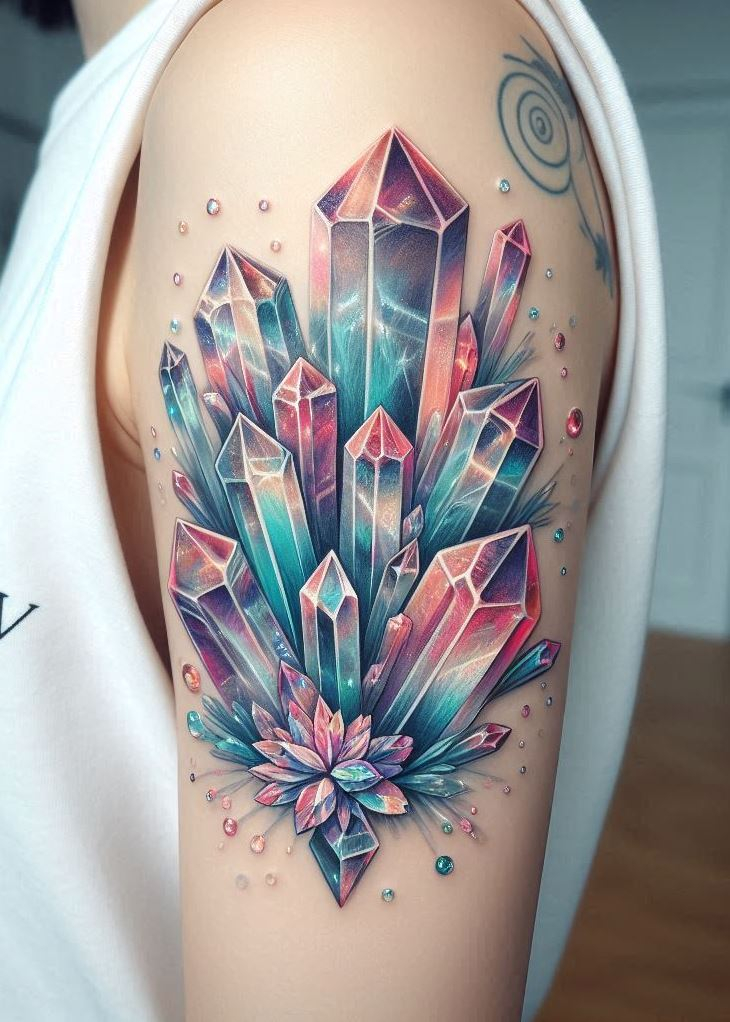 Embrace the bedlam of beauty with “Crystal Tattoos,” where every crystal cluster is a cool calamity transformed into art. It’s not just a trend; it’s a movement for those who find beauty in the chaos.