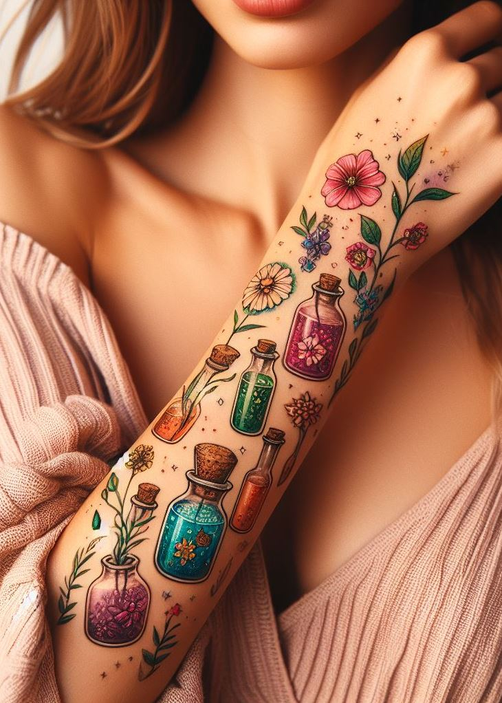 Bloom with Magic: A Floral Potion Tattoo for Growth & Inner Strength: Let a vibrant floral potion tattoo with blooming roses symbolize your journey of personal growth and inner strength.