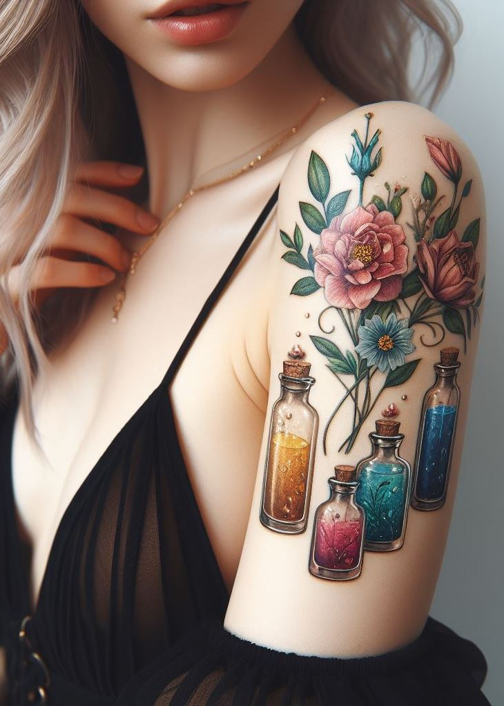 Unveiling Secrets: A Dark Floral Potion Tattoo for Hidden Knowledge: Let a dark floral potion tattoo with mushrooms and thorns pique curiosity. This design can symbolize your pursuit of hidden knowledge and the secrets waiting to be unveiled.