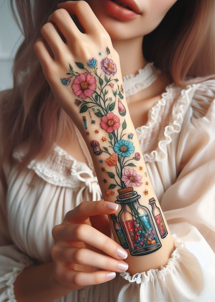 Protection & Growth: A Botanical Potion Tattoo with Thorns & Herbs: Embrace a sense of security with a botanical potion tattoo. Thorns and protective herbs encasing a floral potion can symbolize growth while fending off negativity.