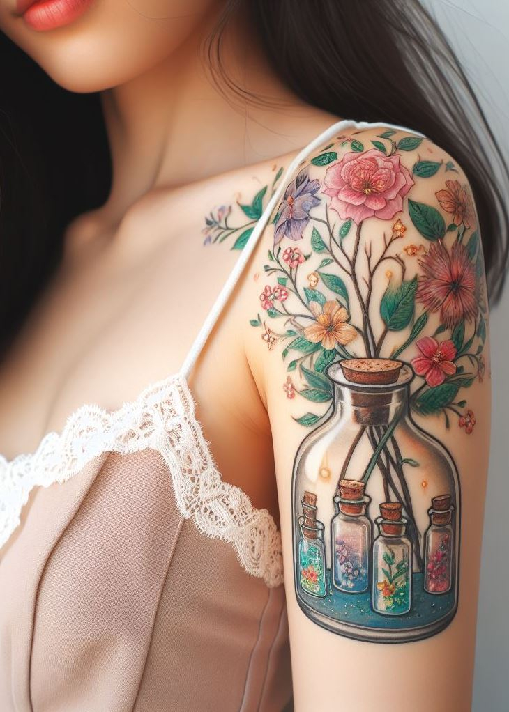 Elixir of Confidence: A Bold Floral Potion Tattoo for Self-Belief: Express your confidence with a bold floral potion tattoo. Vivid flowers and a vibrant potion bottle represent your unwavering self-belief and inner power.