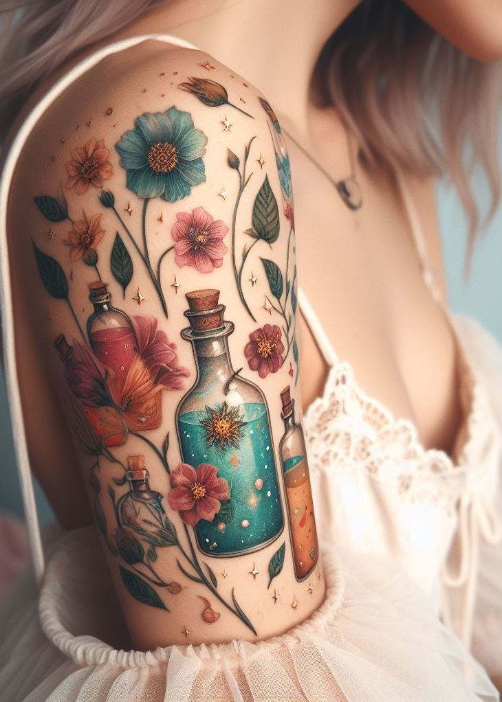 Wishes in a Bottle: A Floral Potion Tattoo with Swirling Vines: Capture your deepest desires in a captivating floral potion tattoo. Let intertwining vines and blooming flowers symbolize the unfolding of your wishes.