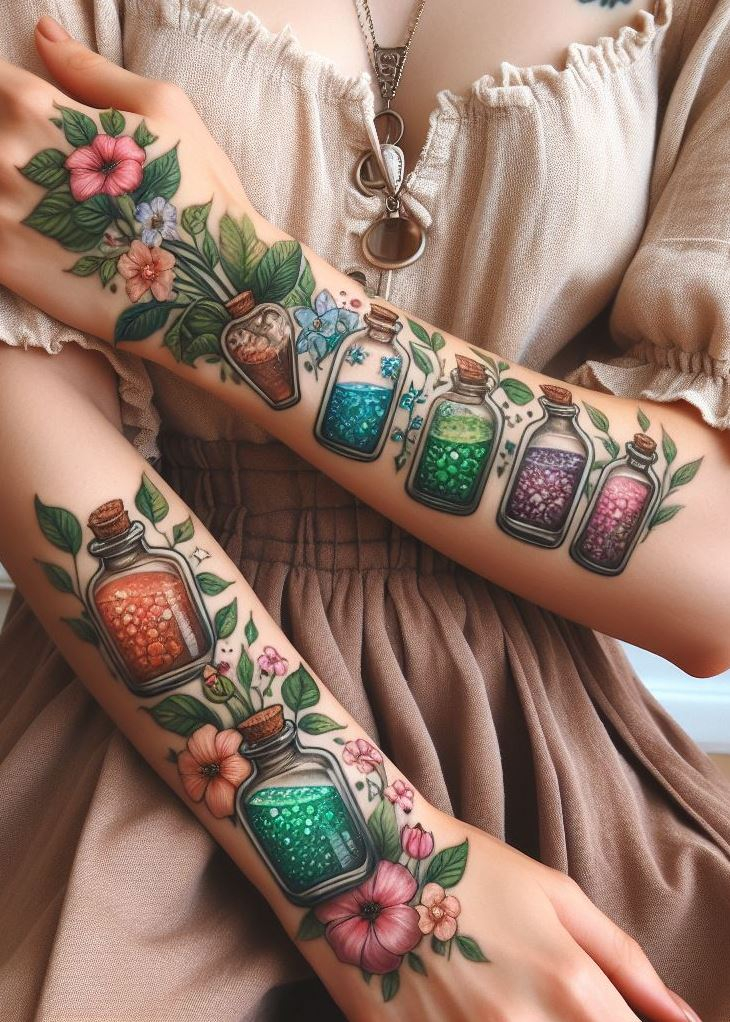 Everlasting Love: A Romantic Floral Potion Tattoo with Entwined Flowers: Celebrate enduring love with a romantic floral potion tattoo. Intertwined flowers and a swirling potion bottle represent the unbreakable bond of love.