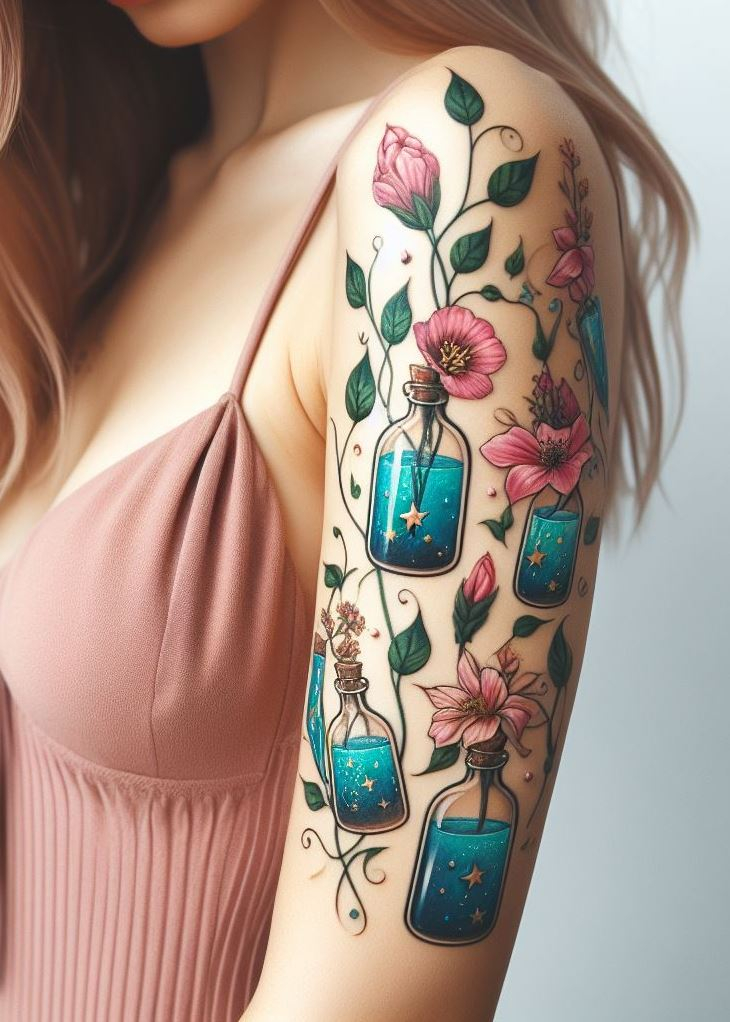 Enchanted Transformation: A Whimsical Floral Potion Tattoo with Butterflies: Embrace the magic of transformation with a whimsical floral potion tattoo. Delicate flowers paired with fluttering butterflies represent growth and positive change.