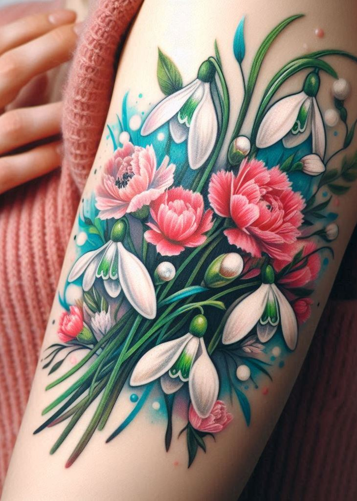 “Petals in Harmony”: Imagine a dance between snowdrop’s purity and carnation’s vibrancy. These blooms waltz across your skin, celebrating January’s promise. The snowdrop, like a whispered secret, meets the carnation’s bold declaration of love. Let your ink harmonize the seasons. 🌼❤️