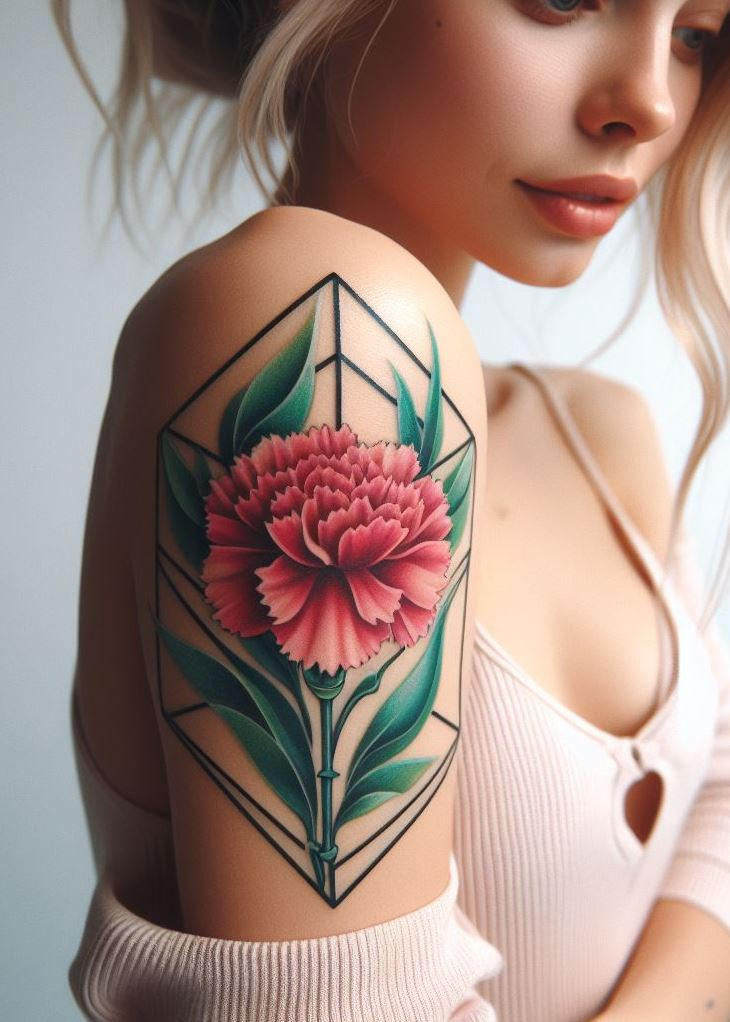 Forget delicate! This fierce geometric carnation tattoo is a bold way to rep your January birthday. It's like a blooming diamond - perfect for the woman who cuts her own path. ✨