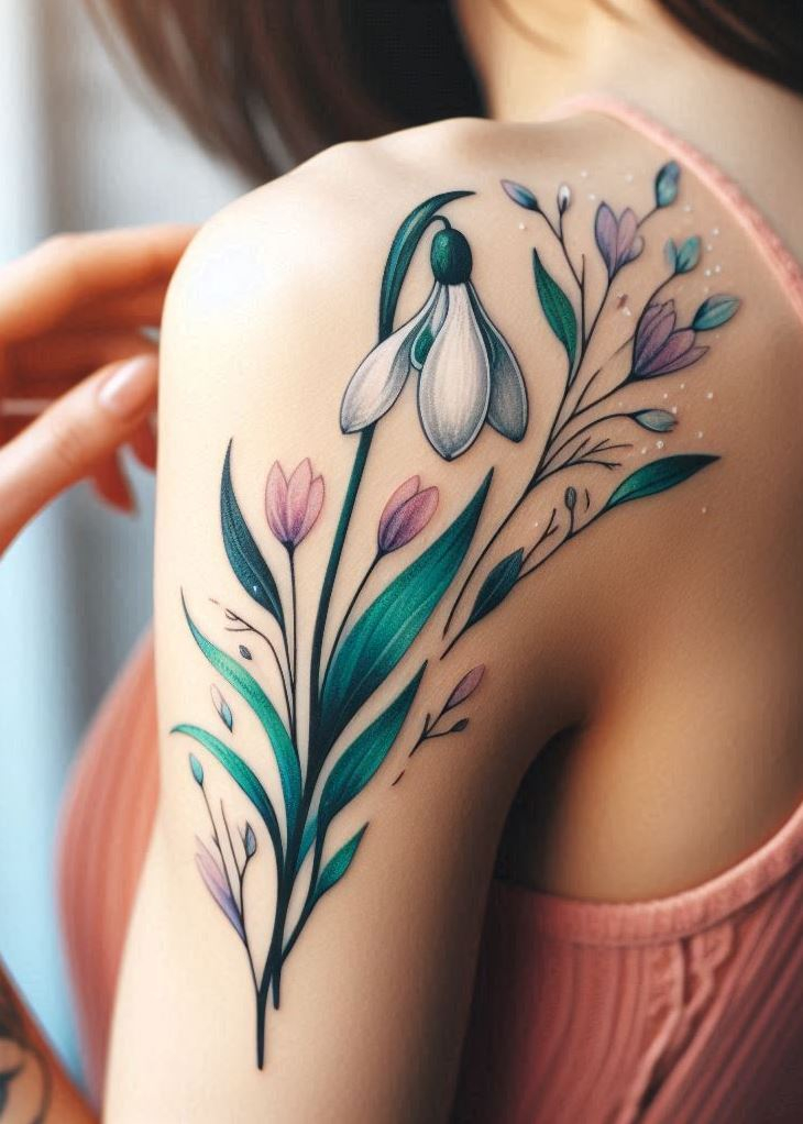 “Petals in Harmony”: Imagine a dance between snowdrop’s purity and carnation’s vibrancy. These blooms waltz across your skin, celebrating January’s promise. The snowdrop, like a whispered secret, meets the carnation’s bold declaration of love. Let your ink harmonize the seasons. 🌼❤️