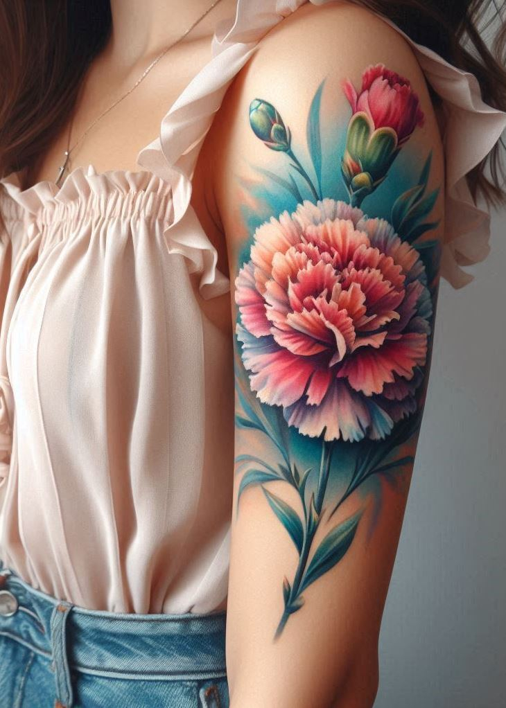 "Elegance in Ink: Celebrate January birthdays with a delicate watercolor carnation tattoo. Symbolizing love and distinction, this timeless bloom captures the essence of a January birth in a simple yet profound statement. Wear your birth flower proudly!" 🌸🎨