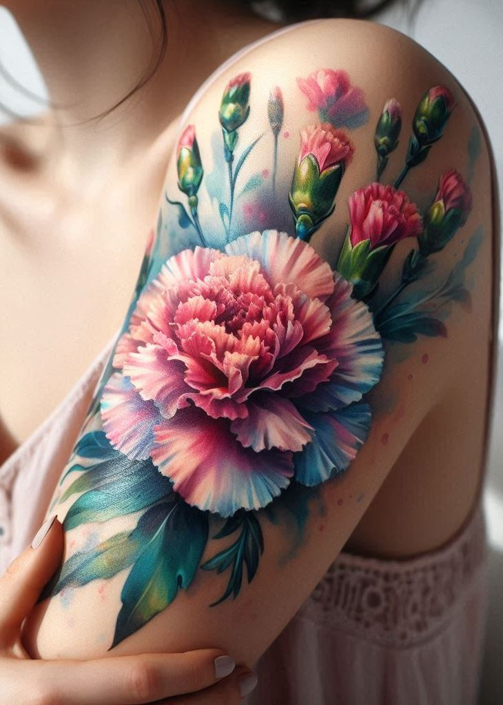 "Vibrant Petals: Splash vibrant hues onto your skin canvas with a watercolor January birth flower tattoo. The delicate carnation blooms in a kaleidoscope of colors, blending artistic flair with the symbolic essence of a January birth. A stunning and personalized celebration!" 🌈🌼